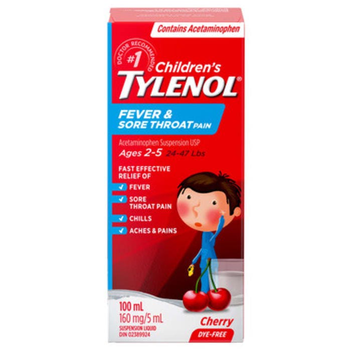 Children's TYLENOL Fever And Sore Throat Pain For Ages 2 to 5 Cherry Flavour 100mL