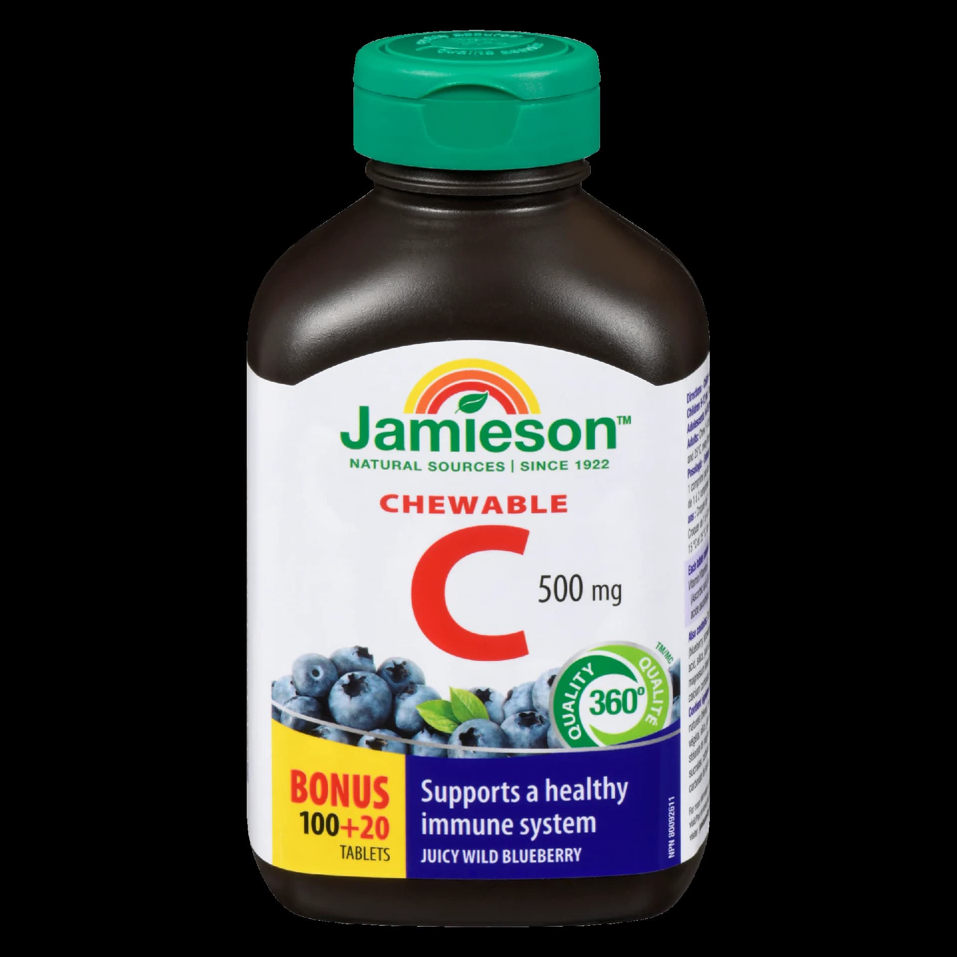 Jamieson Chewable C 500 mg Juicy Wild Blueberry Bonus 100+20 Tablets
