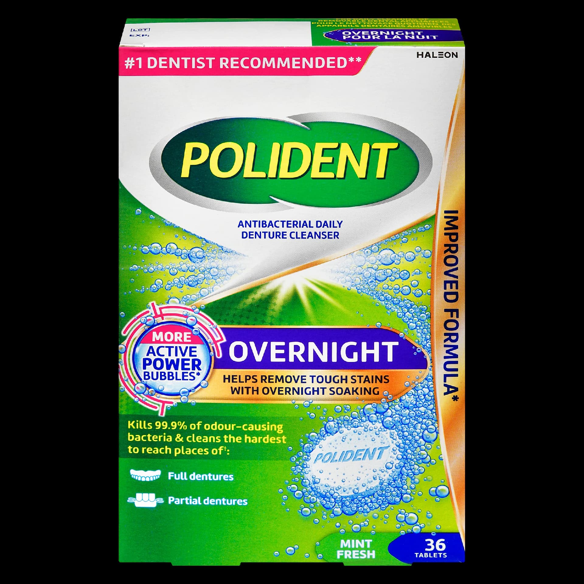Polident Antibacterial Daily Denture Cleanser Overnight Mint Fresh 36 Tablets